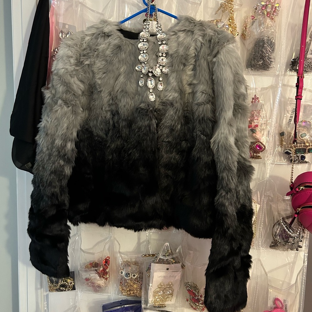 New York & Company Faux Fur Teddy Jacket - Gray and Black
